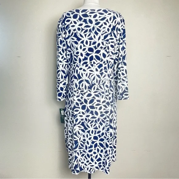 NWT Lauren Ralph Lauren White & Blue Dress | Ruched Faux Wrap V-Neck | 16 - Picture 7 of 14